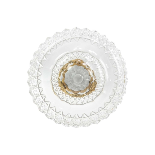 406 - A fine cut glass centre piece on gilt metal stand. Diameter 28.5cm together with a cut glass boat sh... 