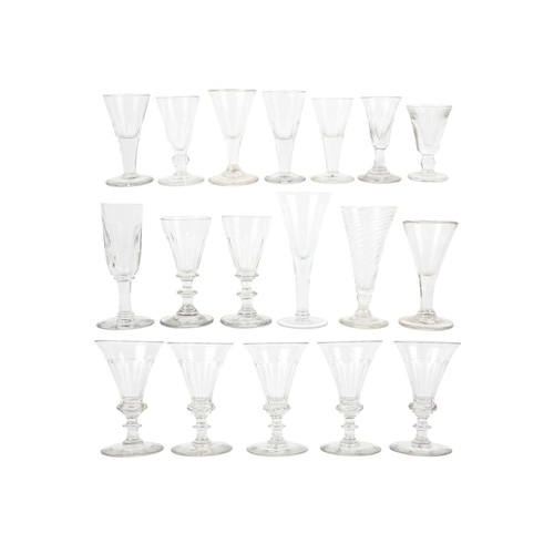 407 - A late 18th century wrythen ale glass. Height 13cm together with seventeen various 18th century and ... 