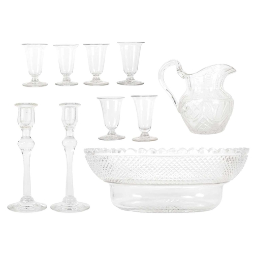 417 - A set of six similar 19th century syllabub glasses. Tallest 10cm, together with a pair of glass cand... 