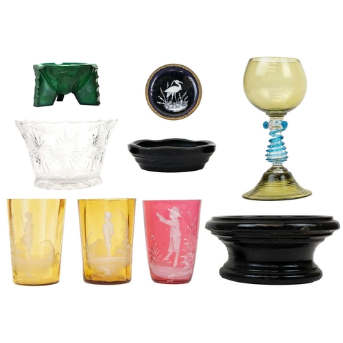 418 - A pair of amber Mary Gregory glass beakers. Height 9.5cm, together with a cranberry example, a small... 