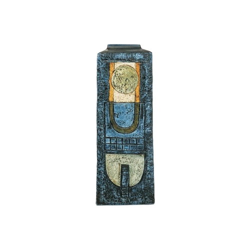 42 - A large Troika square section vase. Decorated by Eleanor Winning, with incised circles, cogs and geo... 