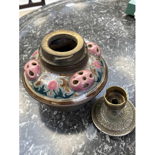 484 - Zsolnay Pecs (attributed), a Hungarian porcelain oil lamp base. With Islamic style painted decoratio... 