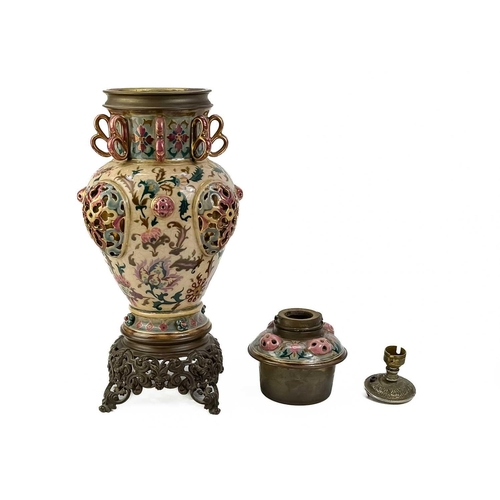 484 - Zsolnay Pecs (attributed), a Hungarian porcelain oil lamp base. With Islamic style painted decoratio... 