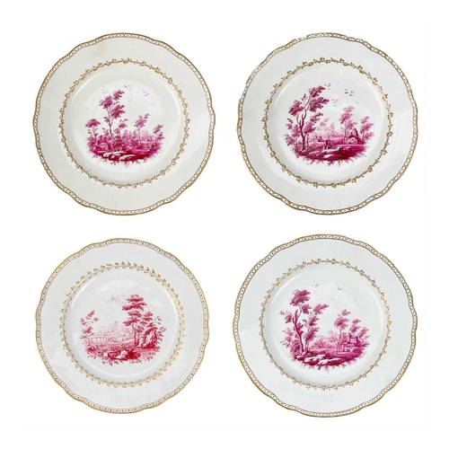 485 - A suite of four Doccia porcelain plates. Circa 1770, with blue dot and gilt borders and painted puce... 