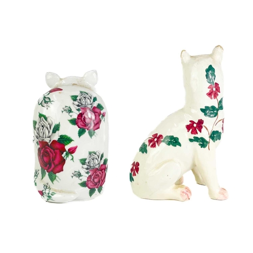 492 - A P Rada pottery floral cat figurine. Height 14cm. Together with four other ceramic and pottery cat ... 