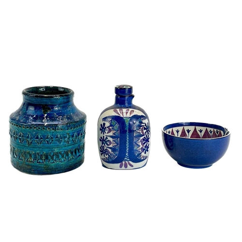 493 - A Royal Copenhagen 'Fajance' ceramic bottle with stopper. Height 13cm, together with a similar Royal... 