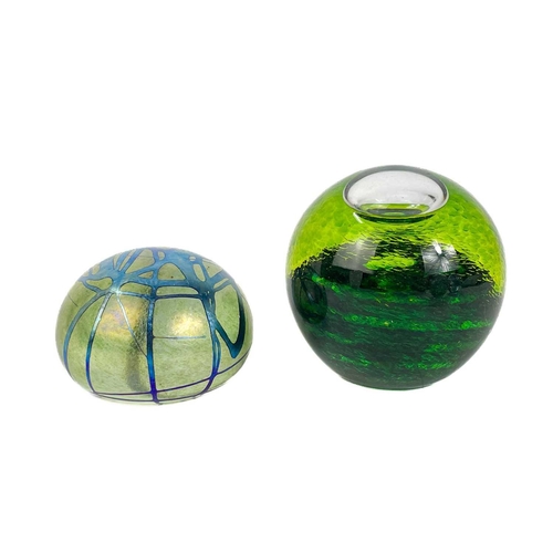 494 - A Langham England paperweight. In swirling blues and whites. Together with 2 other paperweights and ... 