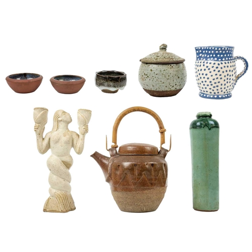 505 - Humfrey Wakefield, Isles of Scilly Pottery. A green-glaze vase and two bowls each marked to the base... 