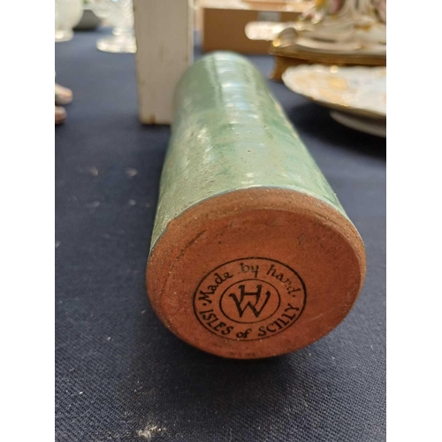 505 - Humfrey Wakefield, Isles of Scilly Pottery. A green-glaze vase and two bowls each marked to the base... 
