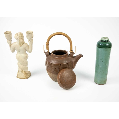 505 - Humfrey Wakefield, Isles of Scilly Pottery. A green-glaze vase and two bowls each marked to the base... 