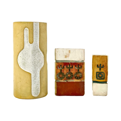 513 - A studio pottery slab vase. Decorated with geometric designs, impressed marks height 16cm, together ... 