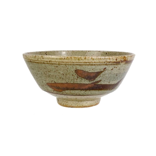 515 - A Leach pottery Z bowl. With mottled interior and typical painted stylised decoration, impressed sea... 