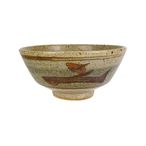 515 - A Leach pottery Z bowl. With mottled interior and typical painted stylised decoration, impressed sea... 