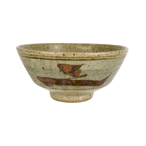 515 - A Leach pottery Z bowl. With mottled interior and typical painted stylised decoration, impressed sea... 