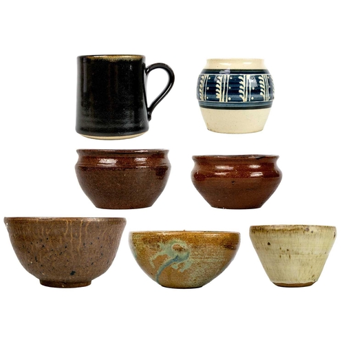 517 - A studio pottery deep bowl. Diameter 23cm together with six other various studio pottery items. (7)