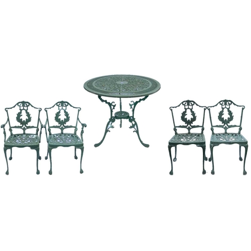 518 - A green painted metal bistro set. Comprising a circular table, height 68.5cm, diameter 80cm, and fou... 
