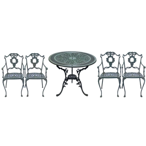 522 - A green painted metal bistro set. Comprising a circular table, height 68.5cm, diameter 80cm, and fou... 