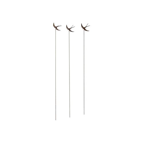 527 - Three wrought iron swallow garden ornaments. Height 155cm. Rusted, Otherwise no condition issues to ... 