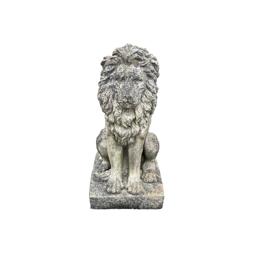 528 - A cast reconstituted stone statue of a seated lion. Raised on square base. Height 85cm.