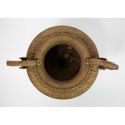 529 - A pair of French cast iron twin handled campana urns. On square bases, height 31cm width 43cm. The h... 