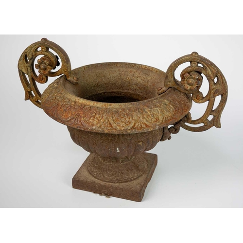 529 - A pair of French cast iron twin handled campana urns. On square bases, height 31cm width 43cm. The h... 