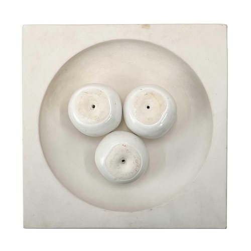 54 - A Troika biscuit pottery square fruit bowl. With three Troika apples, fruit bowl height 10cm width 2... 