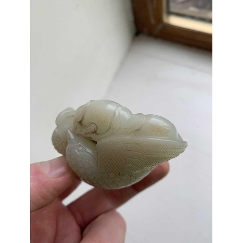 1 - A Chinese carved celadon jade group of quail, Qing Dynasty, 18th/19th century. Jade height 4cm, widt... 