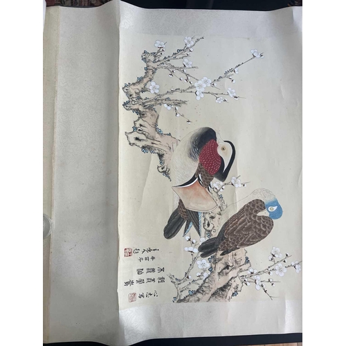 106 - A Chinese painted scroll depicting two birds on a cherry blossom branch, 20th century. Watercolour a... 