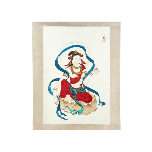 107 - A Chinese painted scroll depicting a Hindu woman, 20th century. Watercolour and ink, red seal mark a... 