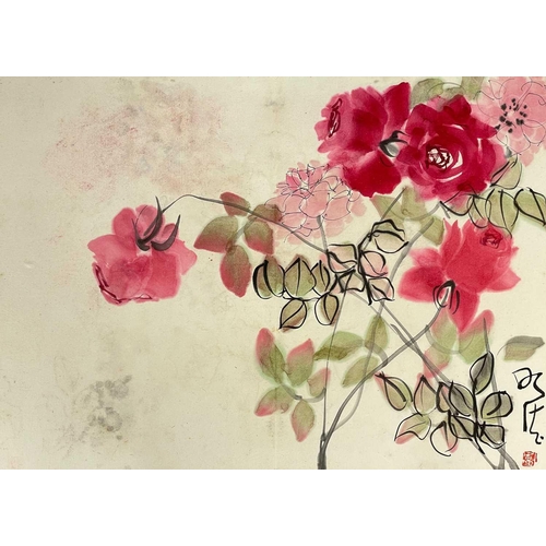 117 - Three Chinese paintings depicting roses, 20th century. Watercolour and ink, one includes a red seal ... 