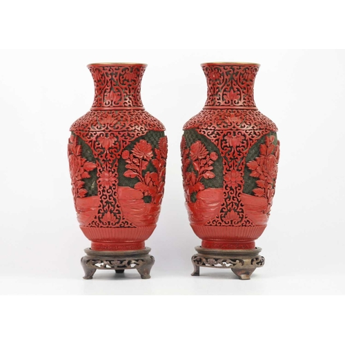 119 - A pair of Chinese cinnabar lacquer vases, early-mid 20th century. Height 26cm, width 12.5cm and a pa... 