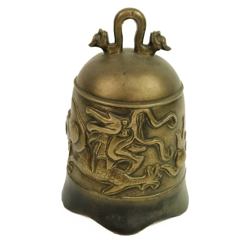 126 - A Chinese bronze temple bell, Qing Dynasty, 19th century. The carved hardwood frame with wire inlay,... 