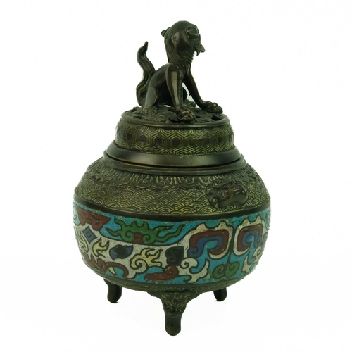 128 - A Chinese bronze and champleve incense burner, Qing Dynasty, 19th century. The pierced cover surmoun... 