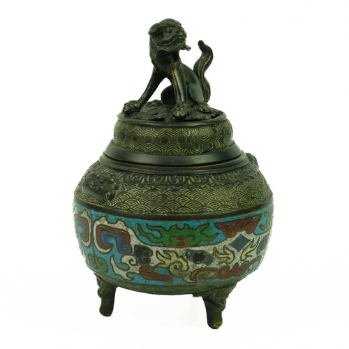 128 - A Chinese bronze and champleve incense burner, Qing Dynasty, 19th century. The pierced cover surmoun... 