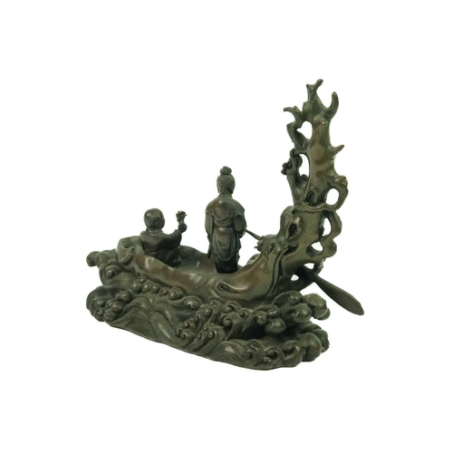 142 - A Chinese bronze model of a naturalistic boat, circa 1900. Height 15.5cm, width 18cm, depth 7cm. Fro... 