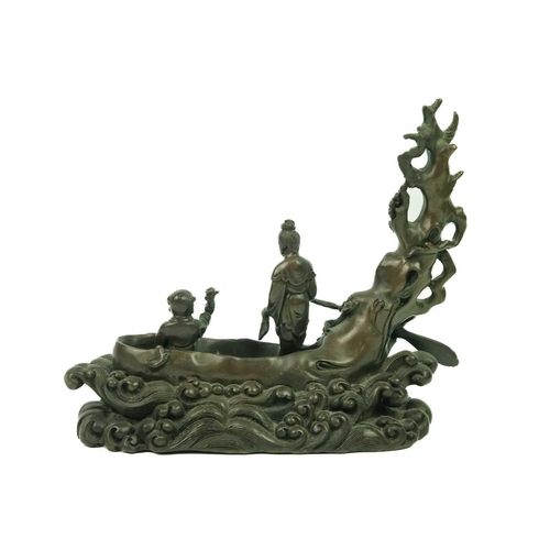 142 - A Chinese bronze model of a naturalistic boat, circa 1900. Height 15.5cm, width 18cm, depth 7cm. Fro... 