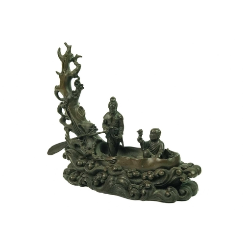 142 - A Chinese bronze model of a naturalistic boat, circa 1900. Height 15.5cm, width 18cm, depth 7cm. Fro... 