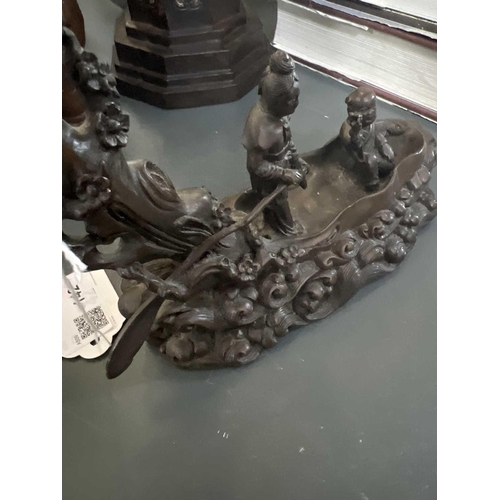 142 - A Chinese bronze model of a naturalistic boat, circa 1900. Height 15.5cm, width 18cm, depth 7cm. Fro... 