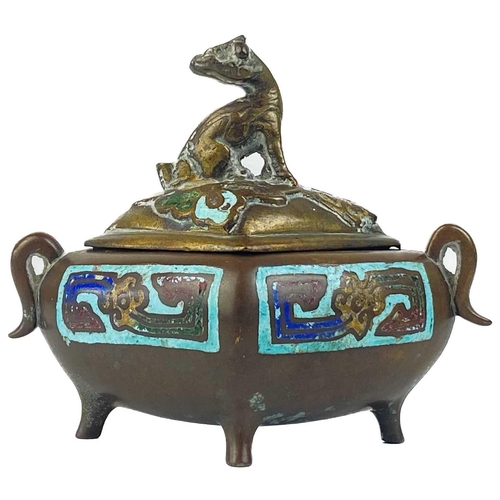 184 - A Chinese bronze and champleve incense burner, 19th century. Height 10cm, width 12cm, depth 8cm and ... 