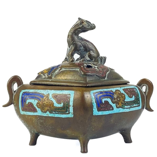 184 - A Chinese bronze and champleve incense burner, 19th century. Height 10cm, width 12cm, depth 8cm and ... 