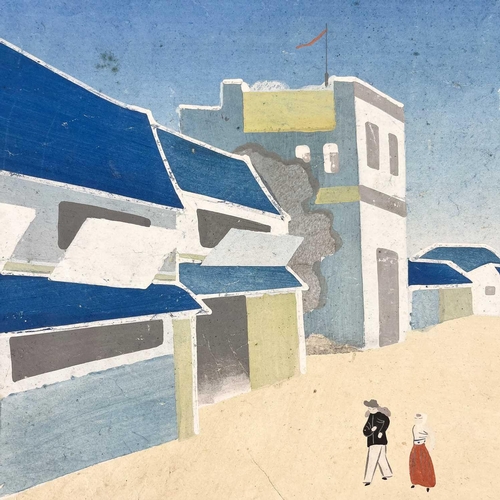 201 - Japanese School, 'Figures on a beach with buildings', 20th century. 'Watercolour, indistinctly signe... 