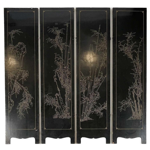 205 - A Chinese four leaf lacquer screen, early-mid 20th century. Gilt decorated with flowering branches, ... 