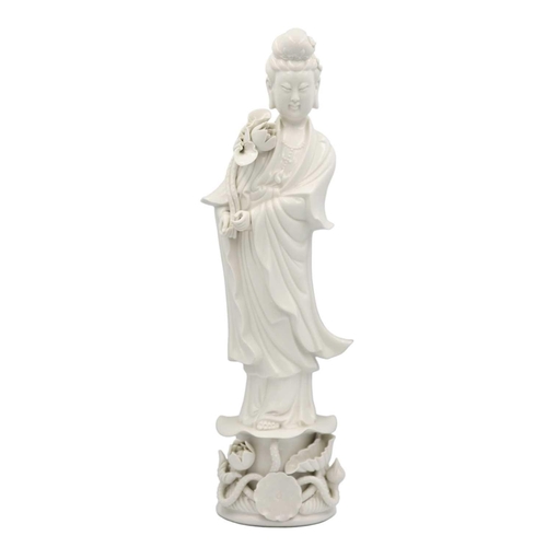 217 - Two Chinese blanc de chine figures of Guanyin, 20th century. Height 38.5cm, width 10cm, depth 9cm. (... 