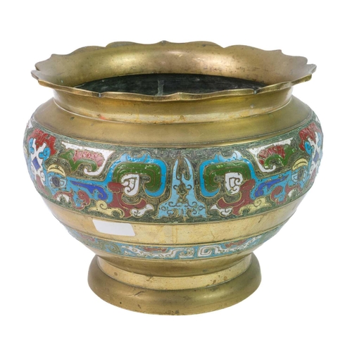 226 - A Chinese brass and champleve enamel jardiniere, late 19th century. Height 20.5cm, diameter 26cm.