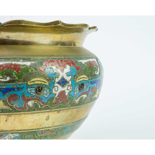 226 - A Chinese brass and champleve enamel jardiniere, late 19th century. Height 20.5cm, diameter 26cm.