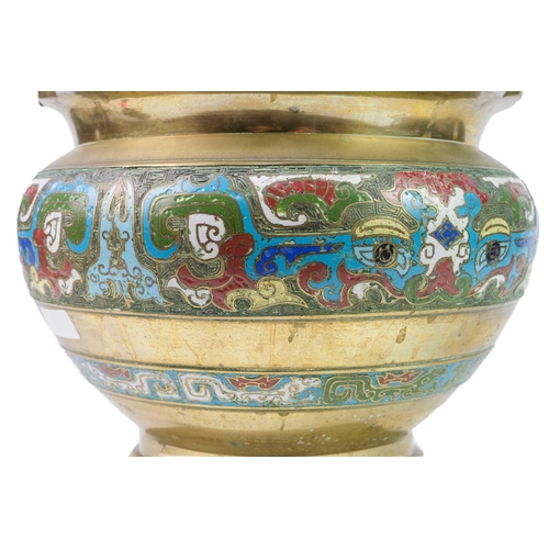 226 - A Chinese brass and champleve enamel jardiniere, late 19th century. Height 20.5cm, diameter 26cm.