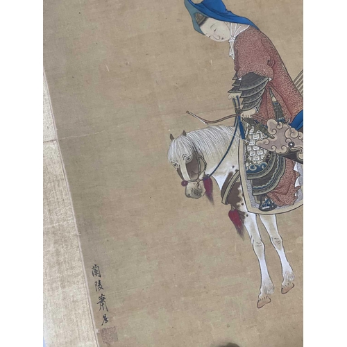 23 - Hsiao Chen. 'FA Mu-Lan on horseback', Qing Dynasty, 19th century. Watercolour, silk on card, togethe... 