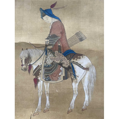 23 - Hsiao Chen. 'FA Mu-Lan on horseback', Qing Dynasty, 19th century. Watercolour, silk on card, togethe... 