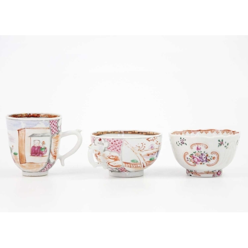 246 - Nine Chinese famille rose porcelain items, 18th century. To include four dishes, two cups, a tea bow... 