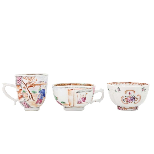 246 - Nine Chinese famille rose porcelain items, 18th century. To include four dishes, two cups, a tea bow... 